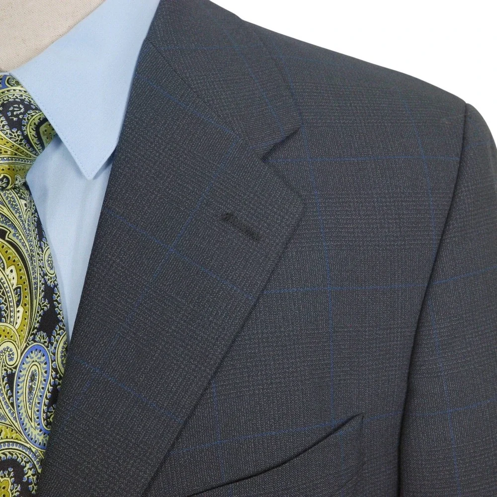Ralph Lauren Suit Men 40T 36W 32L Black Blue Windowpane Plaid‎ 3 Button Wool VTG